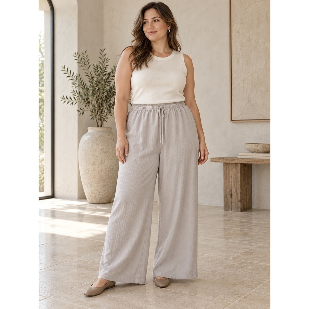 Adrianna Papell Wide Leg Pants Womens XL Pebble Beige Drawstring Crinkle Flowy